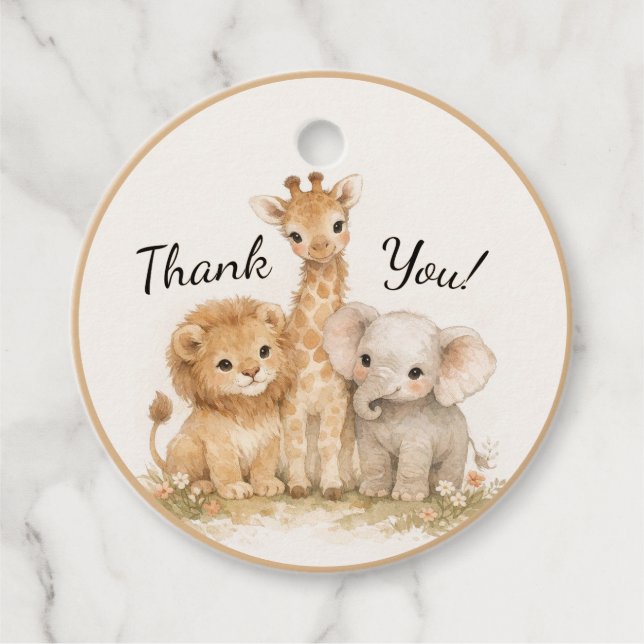 Étiquettes Cadeau Neutral Safari Cute Animals Lion Giraffe Elephant (Devant)