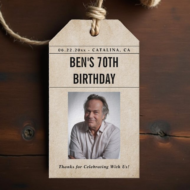 Étiquettes-cadeau Newspaper Birthday News Funny Humorous Men 70th (men 70th birthday party gift tag personalized newspaper theme vintage funny photo thank you)