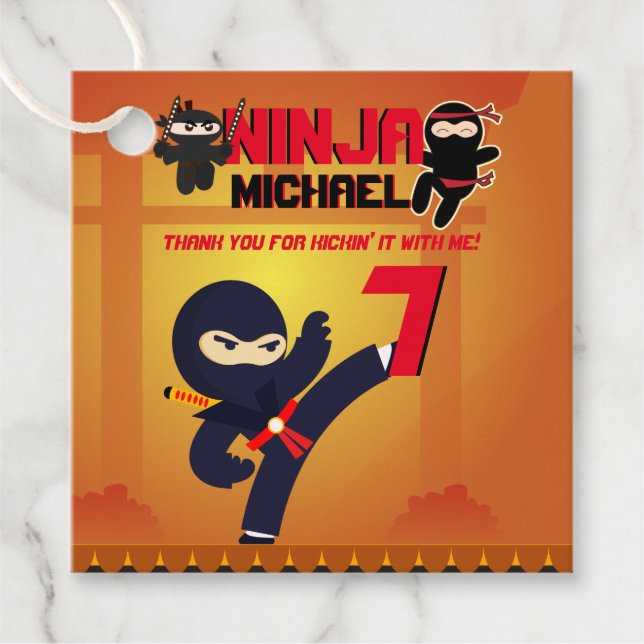 Étiquettes Cadeau NINJA Film Star Warrior Kicking it Karate Party (Devant)