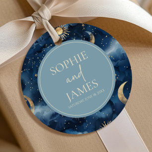 Étiquettes Cadeau Noces Célestes Élégantes Bleu Or Ciel Étoilé