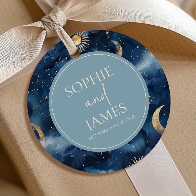 Étiquettes Cadeau Noces Célestes Élégantes Bleu Or Ciel Étoilé (Créateur téléchargé)
