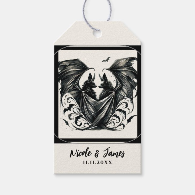 Étiquettes-cadeau Noces Chauve-Souris Argent Crème Noir Amour Gothiq (Devant)
