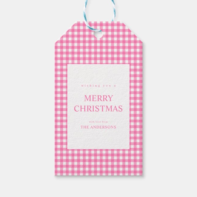 Étiquettes-cadeau Noël à carreaux rose (Devant)