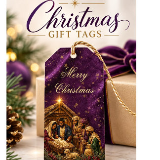 Étiquettes-cadeau Noël africain américain velours violet Nativité