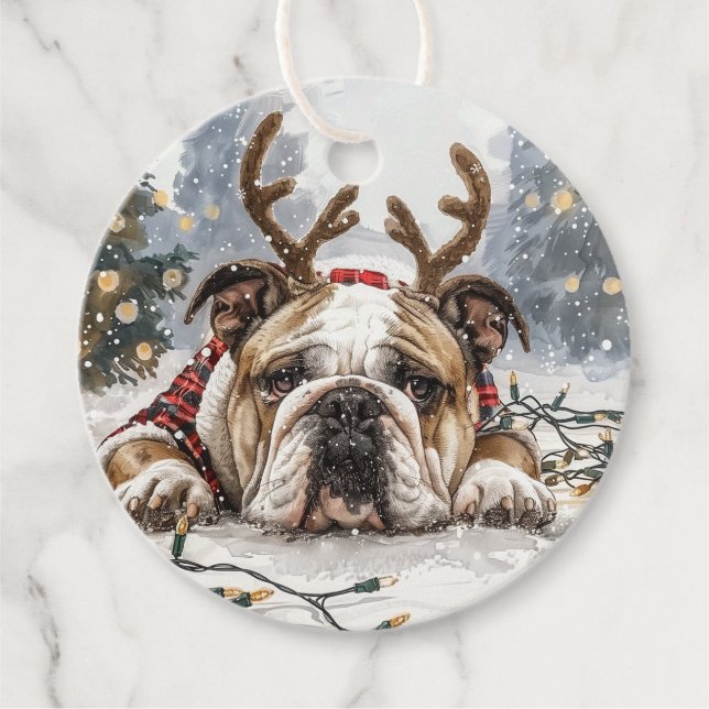 Étiquettes Cadeau Noël anglais Bulldog Reindeer (Devant)