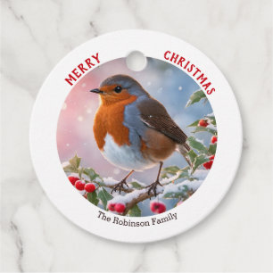 Étiquettes Cadeau Noël aquarelle hivernale nostalgique au rouge-gorg