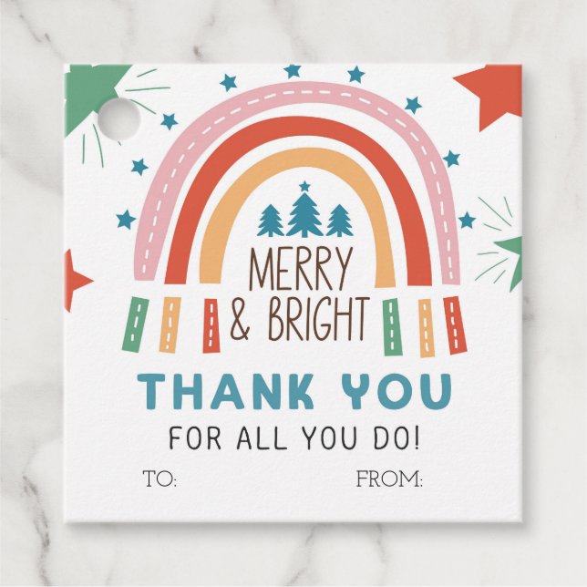 Étiquettes Cadeau Noël Arc-en-ciel Joyeux et lumineux (Devant)