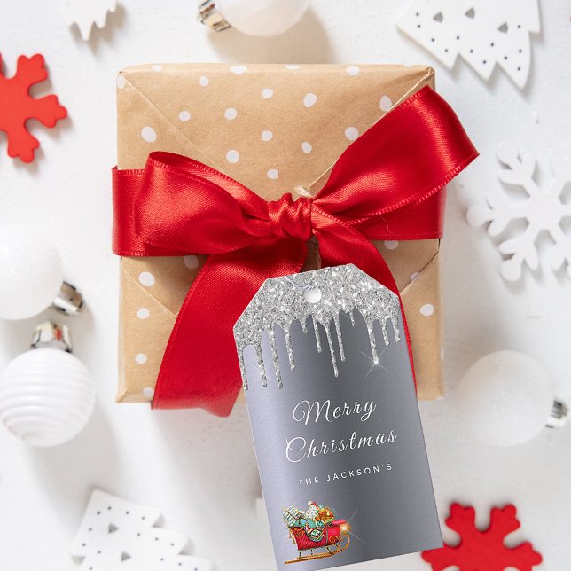 Étiquettes-cadeau Noël argent rouge traîneau nom de famille (Créateur téléchargé)