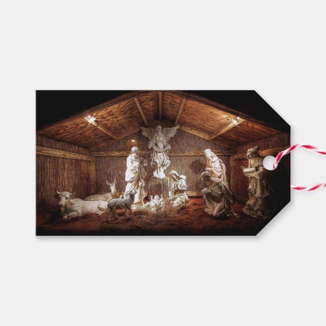 Étiquettes-cadeau Noël Avent Jésus Nativité Manger Scène (Devant (Horizontal))