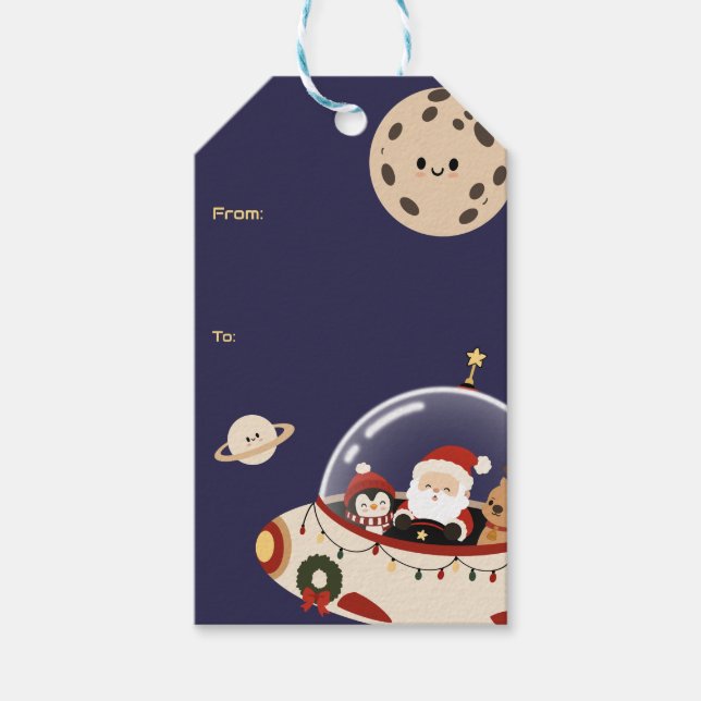 Étiquettes-cadeau Noël Bateau Spatial de Santa (Devant)