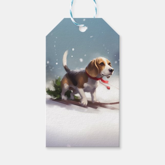 Étiquettes-cadeau Noël Beagle neige hiver (Devant)