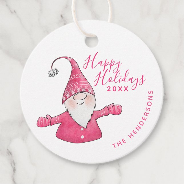 Étiquettes Cadeau Noël Blanc et rose Gnome Joyeux Fêtes (Devant)