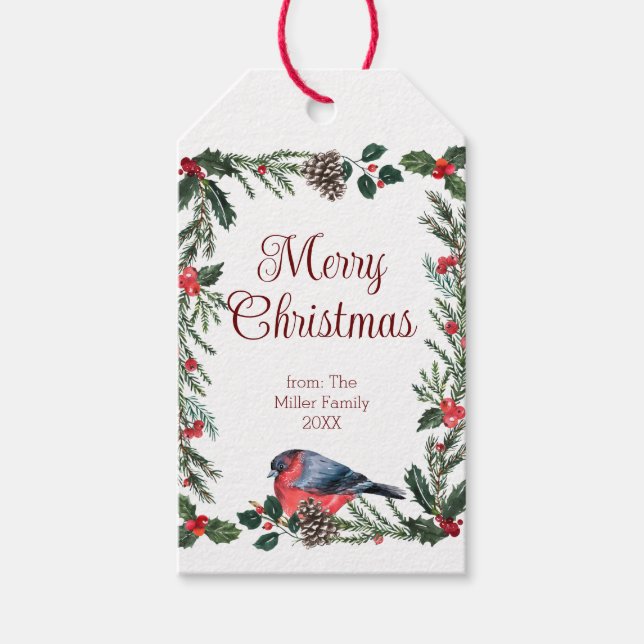 Étiquettes-cadeau Noël botanique aux oiseaux rouges d'hiver (Devant)