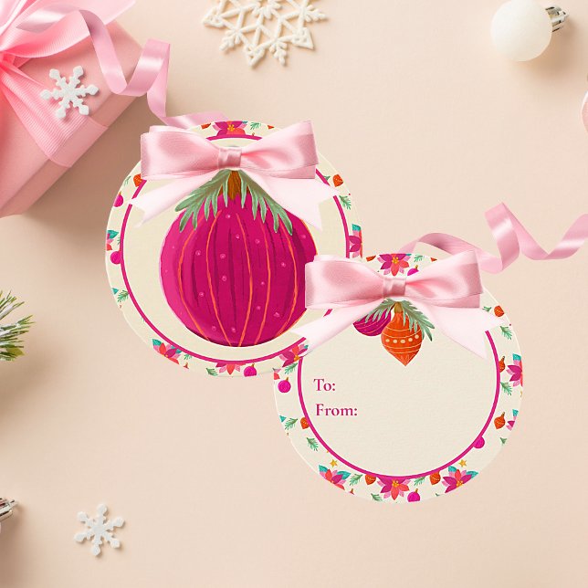 Étiquettes Cadeau Noël brillant et coloré (Colorful bright hot pink Christmas ornament with festive holiday details.)