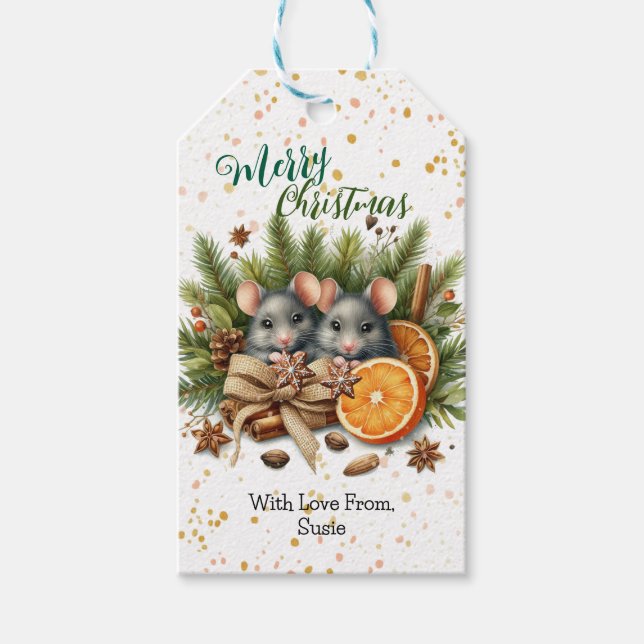 Étiquettes-cadeau Noël Burlap et Souris de Fête  (Devant)