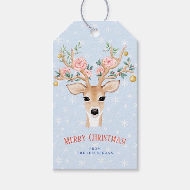 Étiquettes-cadeau Noël Cerf Holly Floral Antler Aquarelle Neige (Devant)
