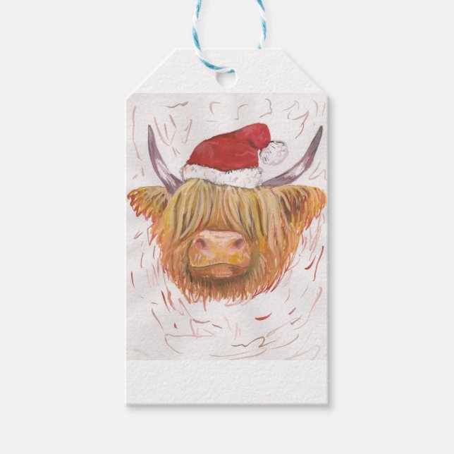 Étiquettes-cadeau noël coo vache Highland avec Casquette de Noël (Devant)