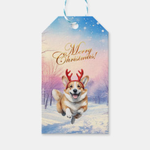 Étiquettes-cadeau Noël Corgi Reindeer bois saute dans la neige