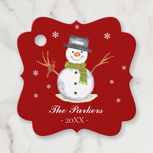 Étiquettes Cadeau Noël de bonhomme de neige personnalisé en aquarell (Devant)