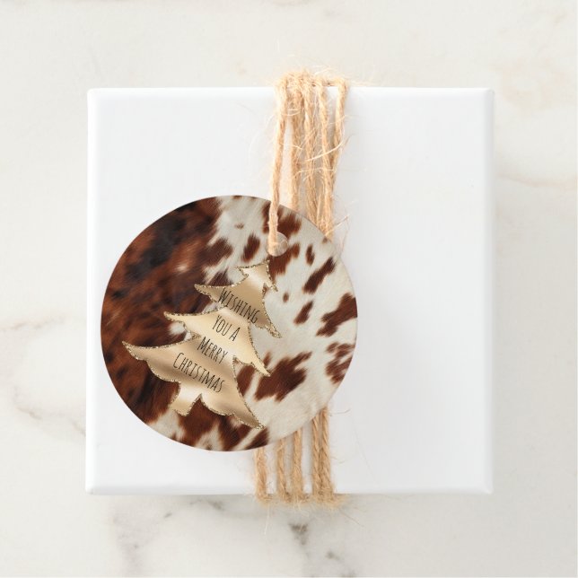 Étiquettes Cadeau Noël de la vache Brown Western Cream (En situation)