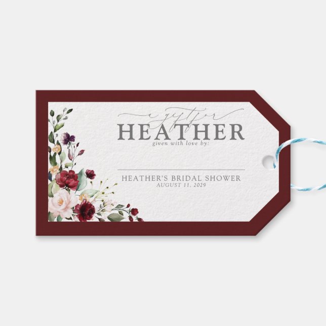Étiquettes-cadeau Noël Élégant en Bourgogne Fleurs pour une Baby Sho (Devant (Horizontal))