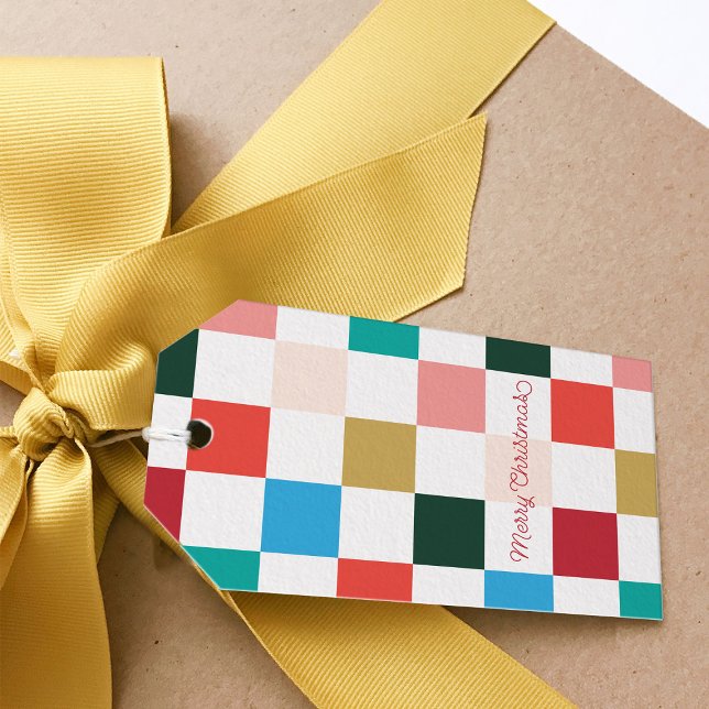 Étiquettes-cadeau Noël en tableau coloré moderne (Modern Colourful Checkerboard Merry Christmas Holiday Gift Tag.)