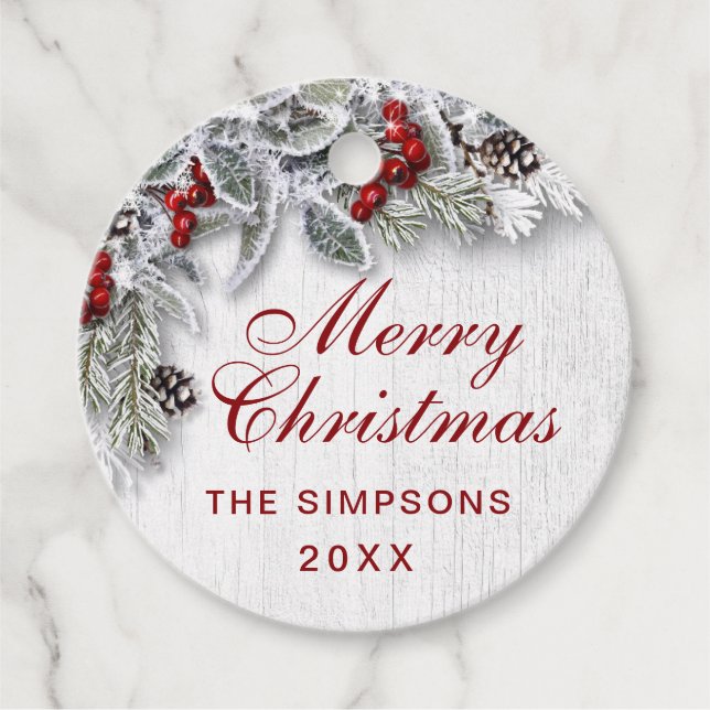 Étiquettes Cadeau Noël Holly Pine Branch Rustic Holiday (Devant)