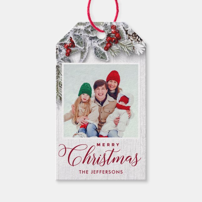Étiquettes-cadeau Noël Holly Pine Branch Rustique PHOTO Holiday (Devant)