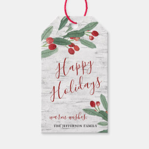 Étiquettes-cadeau Noël Holly Rustic Joyeux Joyeux Vacances Blanc éco