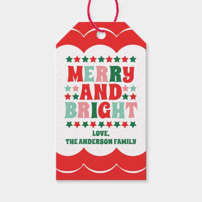 Étiquettes-cadeau Noël Joyeux et brillant Moderne Gras Rose Rouge (Devant)