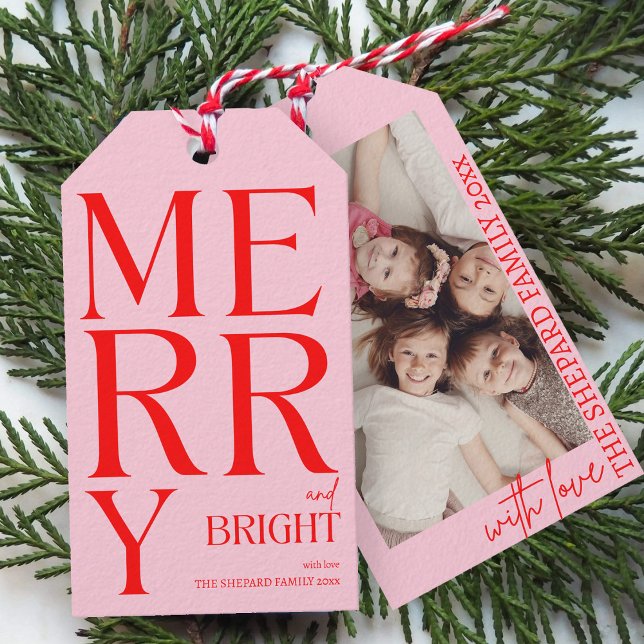 Étiquettes-cadeau Noël Joyeux et rose rouge vif 2025 (Créateur téléchargé)