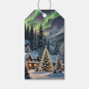 Étiquettes-cadeau Noël magique, village de montagne, lumières polair