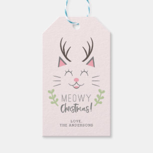 Étiquettes-cadeau Noël Meowy Cute Chat, Antlers Personnalisé