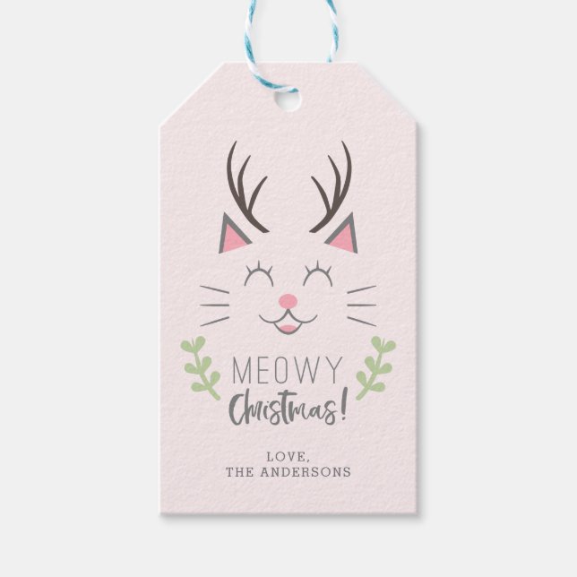 Étiquettes-cadeau Noël Meowy | Cute Chat, Antlers Personnalisé (Devant)