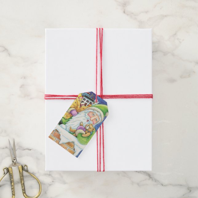 Étiquettes-cadeau Noël mignon, Père Noël à Chimney avec jouets (Avec de la ficelle)