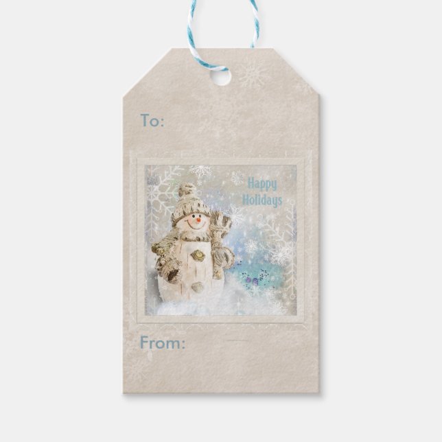 Étiquettes-cadeau Noël mignon Snowman avec des flocons de neige (Devant)