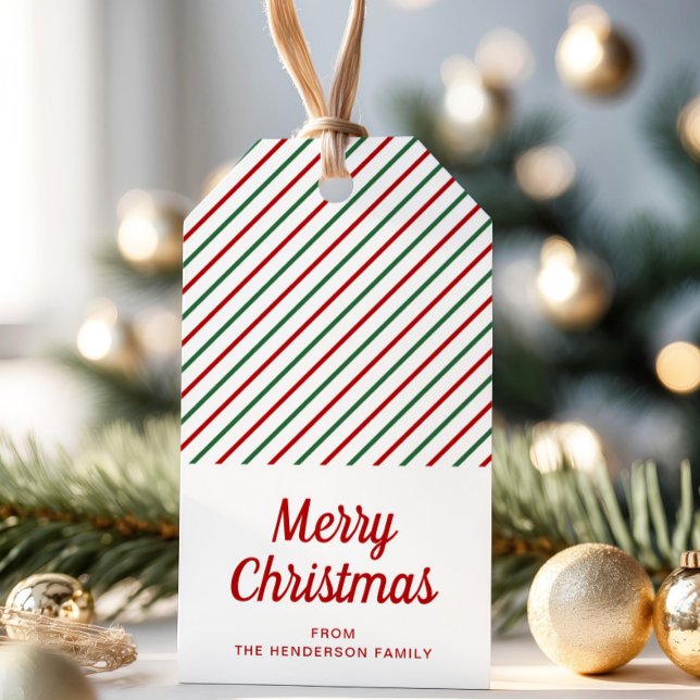 Étiquettes-cadeau Noël Moderne Rayé Rouge et Vert (Modern Red Green Striped Christmas Gift Tags)