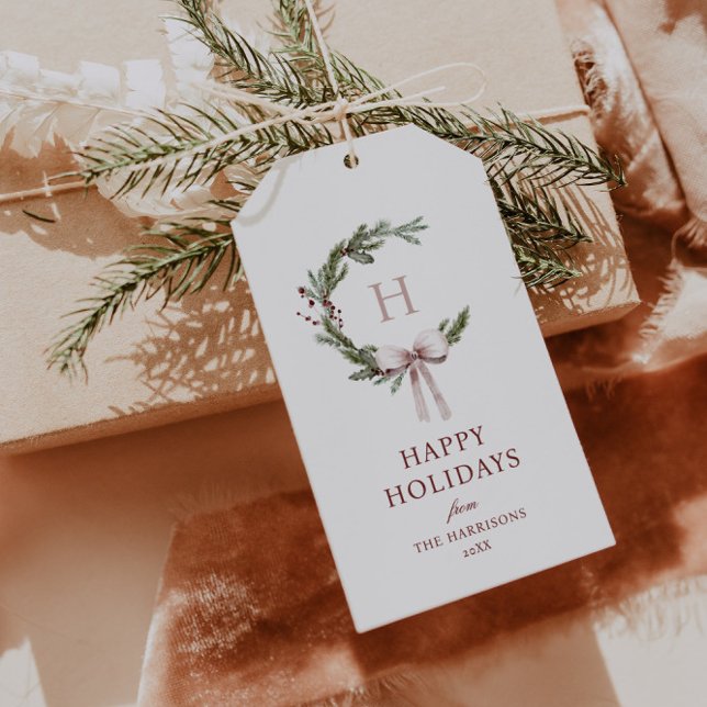 Étiquettes-cadeau Noel Monogramme Wreath Blush Bow (Créateur téléchargé)