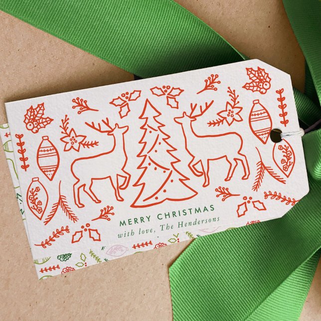 Étiquettes-cadeau Noël Motif scandinave rouge (Red Scandinavian Pattern Christmas Gift Tags)