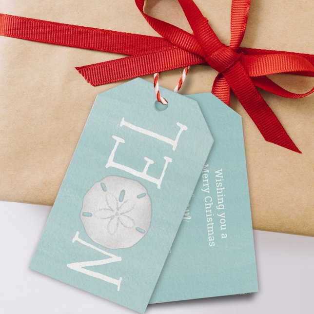 Étiquettes-cadeau Noël Noël Noël Noel mignonne Typographie Sable Dol (Turquoise blue ocean sand dollar NOEL typography gift tag)