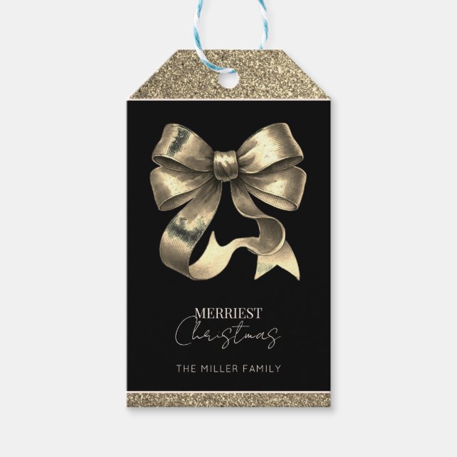 Étiquettes-cadeau Noël Nœud Pailleté Noir et Or (Devant)