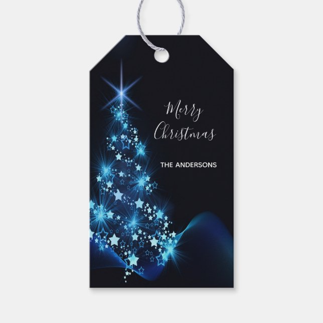Étiquettes-cadeau Noël noir bleu moderne brillant arbre (Devant)