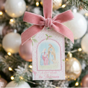 Étiquettes-cadeau Noël pastel Enfant Jésus dans une crèche