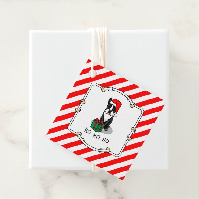 Étiquettes Cadeau Noël Père Noël Boston Terrier (noir) mignonne (En situation)