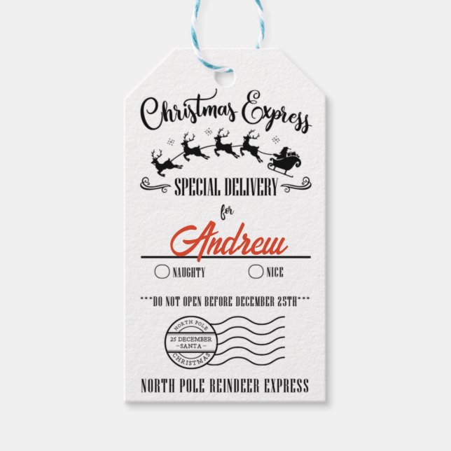 Étiquettes-cadeau Noël personnalisé, Renne Express Méchant ou Gentil (Devant)