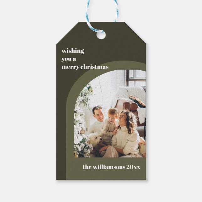 Étiquettes-cadeau Noël photo verticale moderne arc vert olive (Devant)