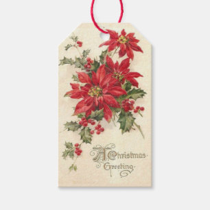 Étiquettes-cadeau Noël Poinsettia Holly Vintage Red Holiday