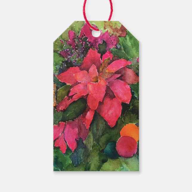 Étiquettes-cadeau Noel Poinsettia peinture aquarelle originale (Devant)