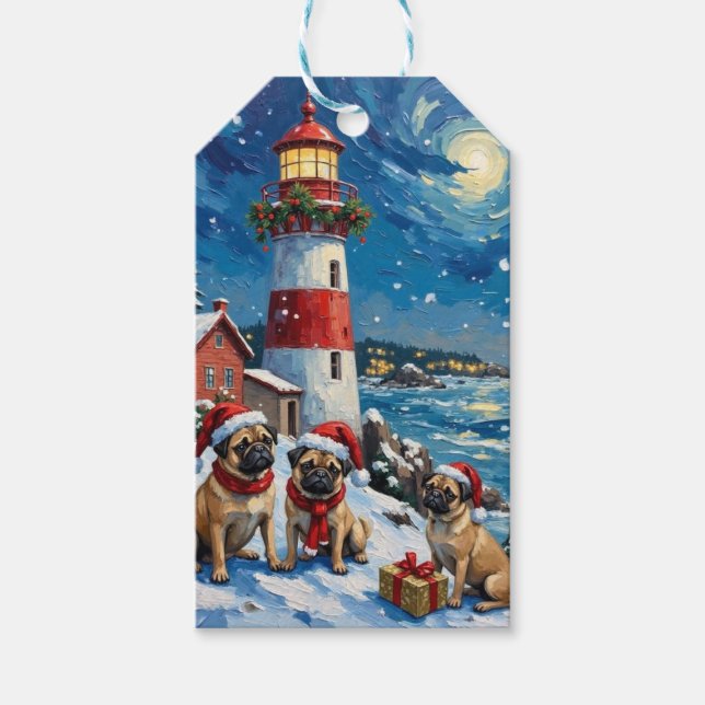 Étiquettes-cadeau Noël Pug Phare Vacances (Devant)