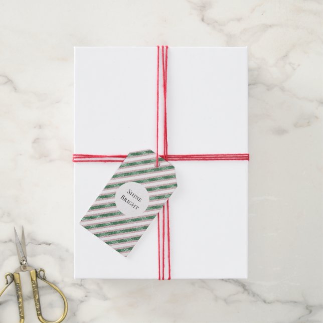 Étiquettes-cadeau Noël Rayures Paillettes Vert Rose Fardé (Avec de la ficelle)